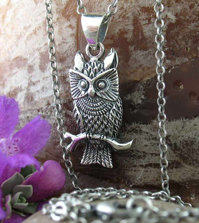 Watchful Horned Owl On Branch Oxidized Pendant | Woot & Hammy