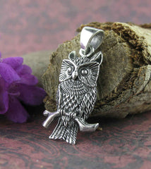 Watchful Horned Owl On Branch Oxidized Pendant | Woot & Hammy