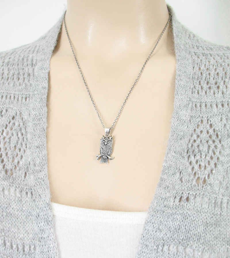 Watchful Horned Owl On Branch Oxidized Pendant | Woot & Hammy