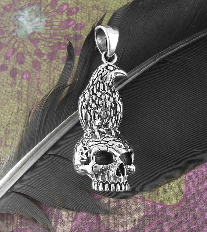 Raven Perched On Human Skull Oxidized Pendant | Woot & Hammy