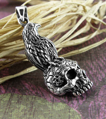 Raven Perched On Human Skull Oxidized Pendant | Woot & Hammy