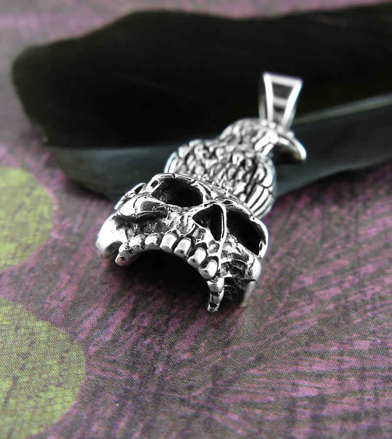 Raven Perched On Human Skull Oxidized Pendant | Woot & Hammy