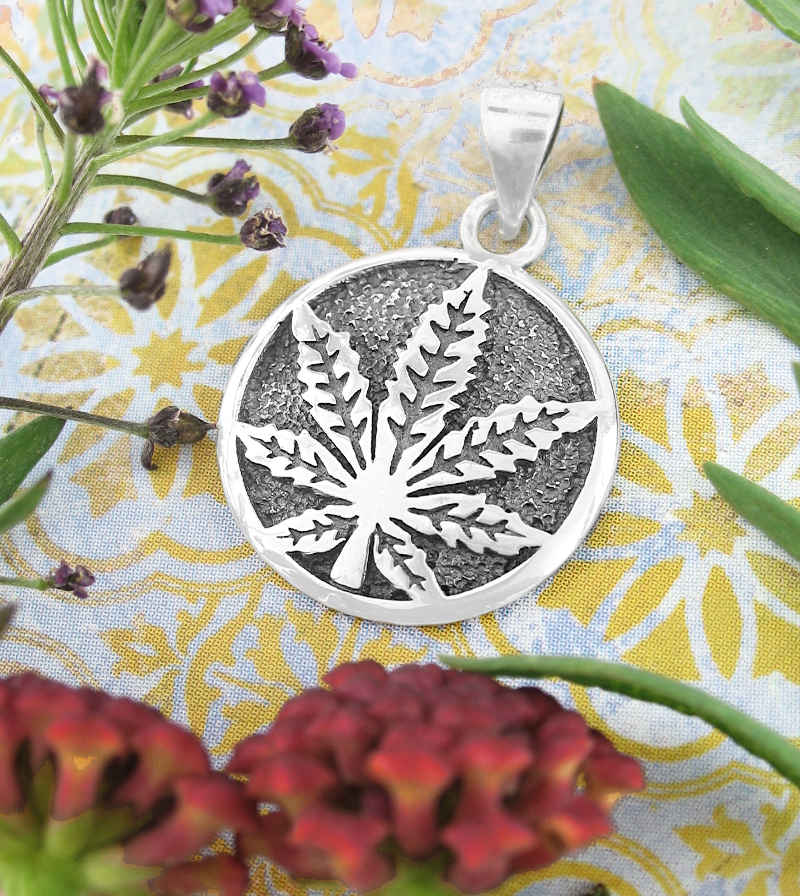 Cannabis Marijuana Pot Weed Leaf Round Pendant Sterling Silver 