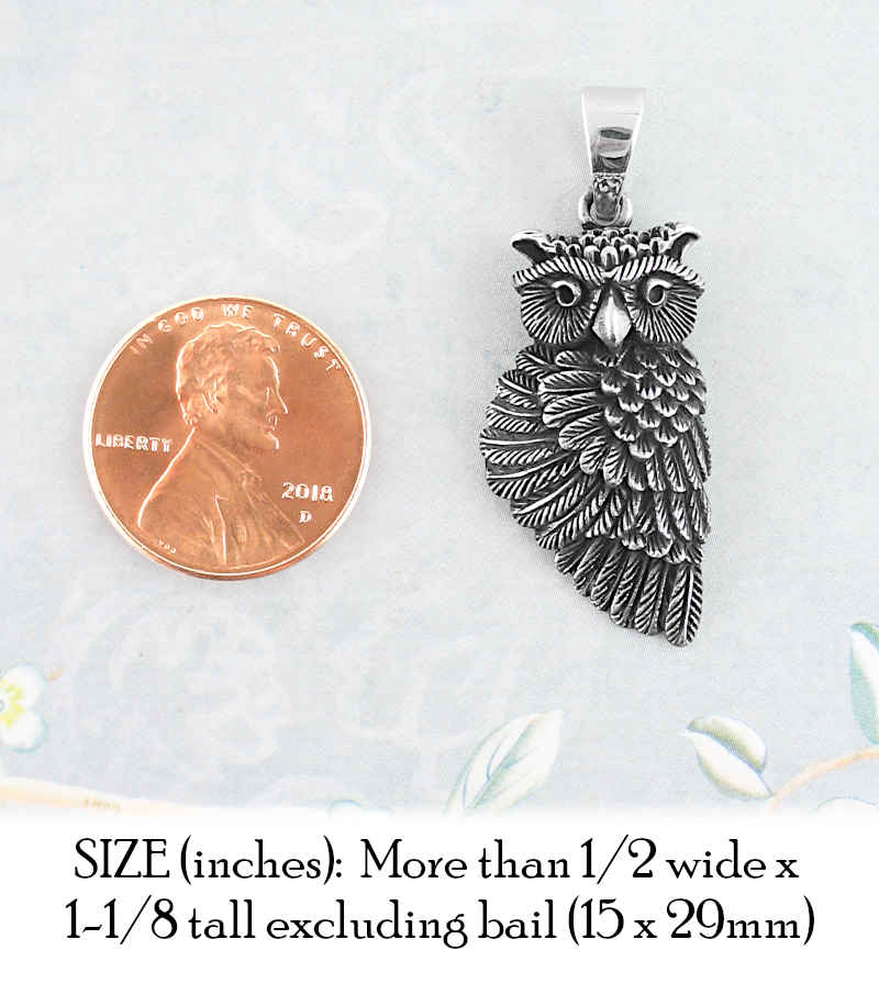 Owl In Profile With Swiveled Head Oxidized Pendant | Woot & Hammy