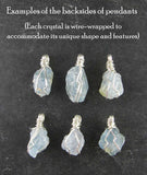 sky blue celestite pendant necklace silver plated wire wrapped protection healing stone celestine rock gem natural aqua rough gemstone examples of backsides