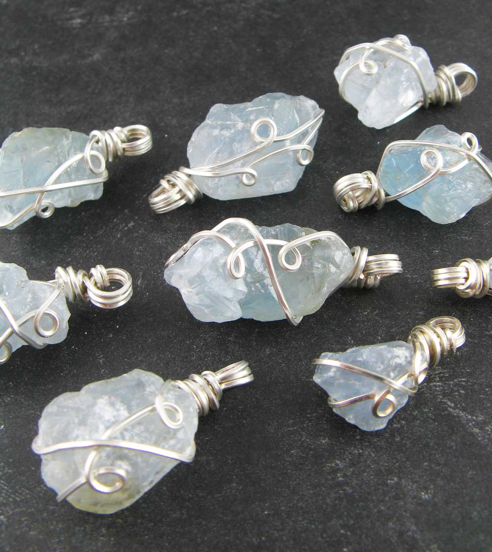 sky blue celestite pendant necklace silver plated wire wrapped protection healing stone celestine rock gem natural aqua rough gemstone various angles