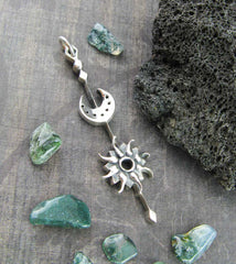 Sun & Moon Stick Pendant Necklace Celestial Jewelry Delicate Dainty Oxidized Antiqued Unique Long