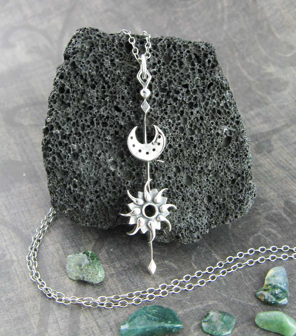 Sun & Moon Stick Pendant Necklace Celestial Jewelry Delicate Dainty Oxidized Antiqued Unique Long