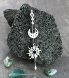Sun & Moon Stick Pendant Necklace Celestial Jewelry Delicate Dainty Oxidized Antiqued Unique Long front view