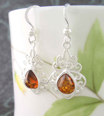 Fancy Baltic Amber Teardrop Dangle Earrings Sterling Silver Gemstone