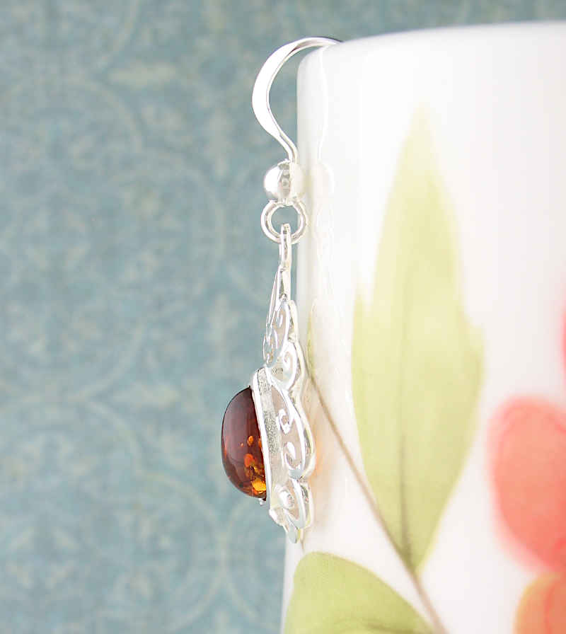 Fancy Baltic Amber Teardrop Dangle Earrings Sterling Silver Gemstone