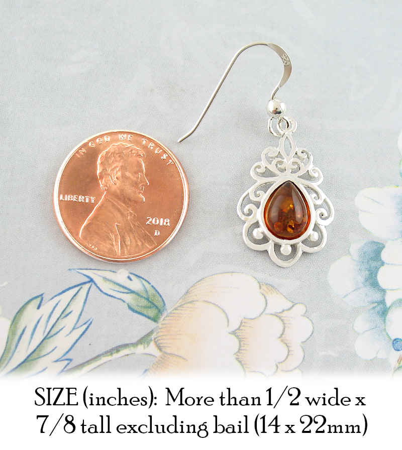 Baltic Amber Teardrop Set In Fancy Scrollwork Hook Earrings | Woot & Hammy