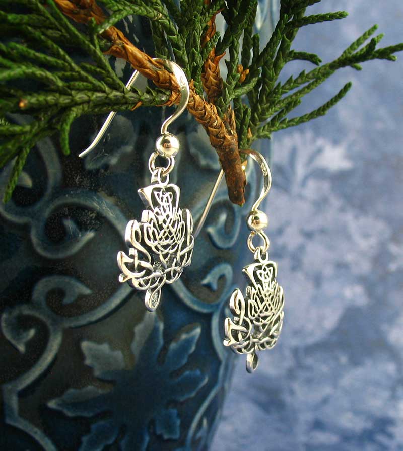 Thistle Flower Celtic Knot Dangle Hook Earrings Sterling Silver