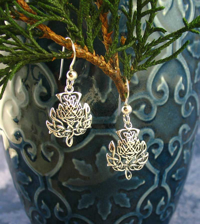 Thistle Flower Celtic Knot Dangle Hook Earrings Sterling Silver