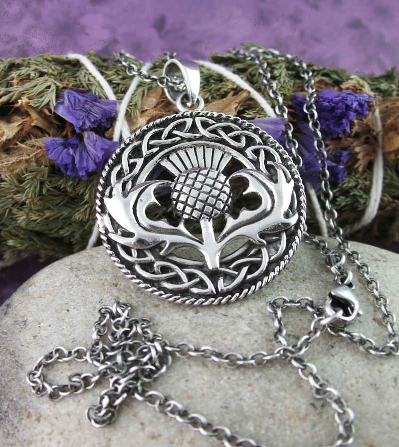 Thistle Framed In Round Celtic Knot Border Oxidized Pendant | Woot & Hammy