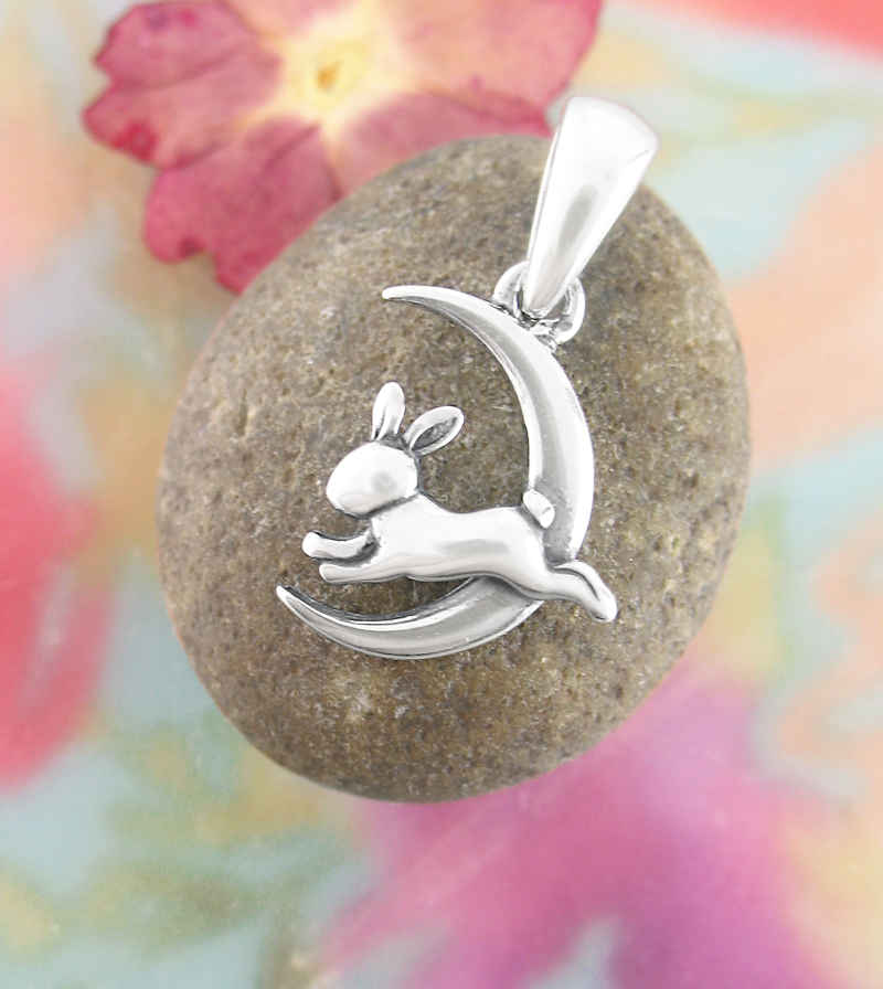 Tiny Hare Leaping Through Crescent Moon Pendant | Woot & Hammy