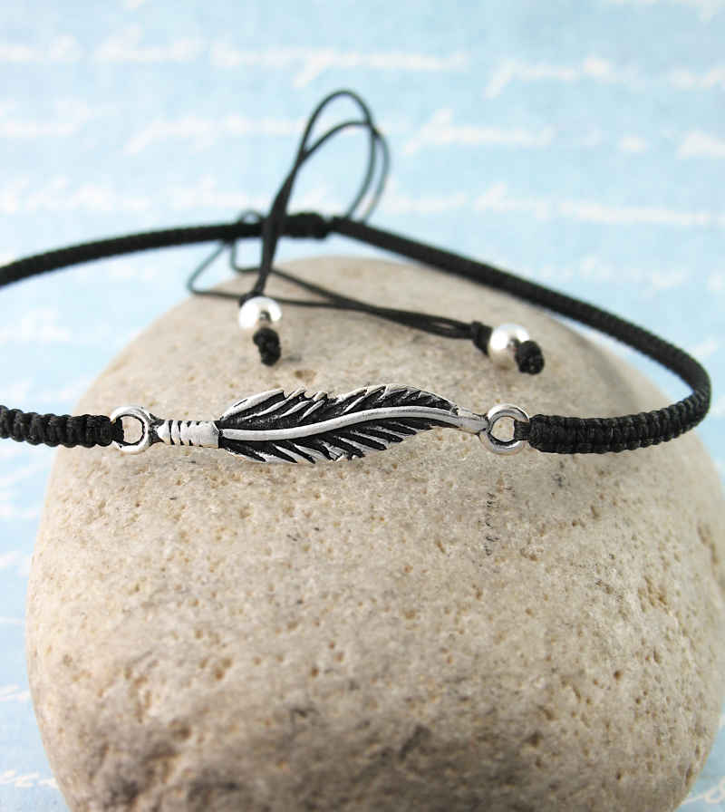 Tiny Sideways Feather Adjustable Slipknot Bracelet   | Woot & Hammy