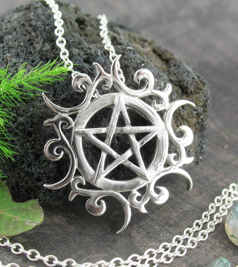 Tribal Sun Pentacle Necklace Pentagram Pendant Wiccan Wicca Star Pagan Witchcraft White Witch Witchy Jewelry Amulet Gothic with chain wrapped around lava rock