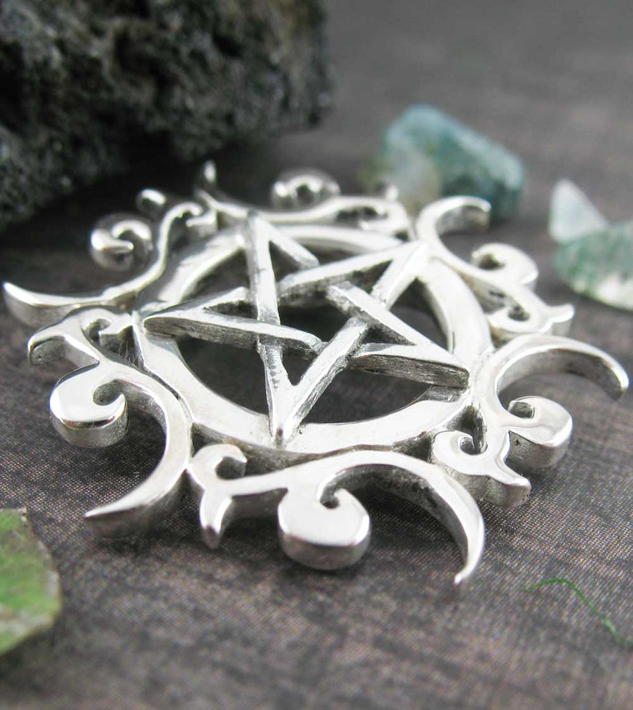 Tribal Sun Pentacle Necklace Pentagram Pendant Wiccan Wicca Star Pagan Witchcraft White Witch Witchy Jewelry Amulet Gothic close up oblique view