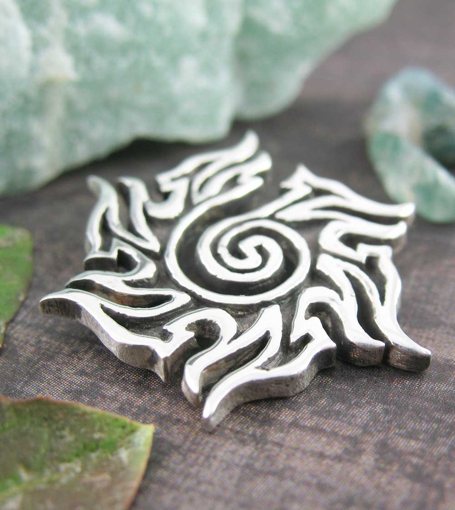 Tribal Sun Spiral Pendant Necklace Wiccan Pagan Witchy Mystical Alternative Gothic Goth Occult Jewelry Fine Silver view from side
