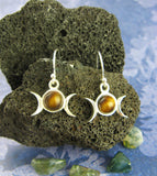 Little Triple Moon Gemstone Hook Earrings Round Cabochon Dangle Crescent Wiccan Goddess Lunar Phases White Witch Wicca Pagan Woman front view with tiger's eye
