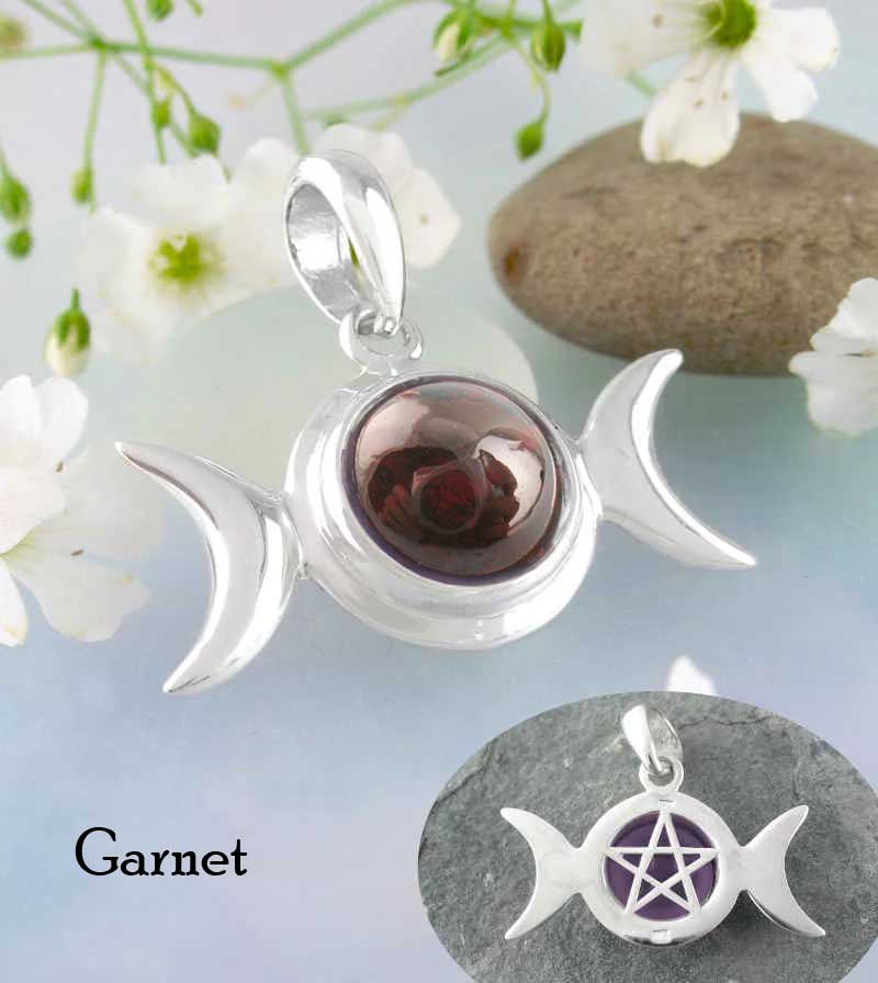 Hidden Pentacle Triple Moon Pendant With Garnet Gemstone