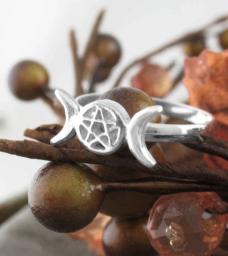 Triple Moon Goddess Pentagram Ring Sterling Silver