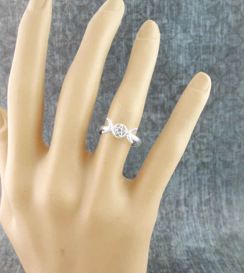 Triple Moon Goddess Pentagram Ring Sterling Silver