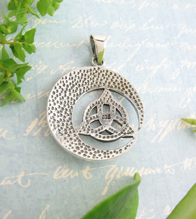 Crescent Moon With Scrolls Holding Triquetra Pendant | woot & hammy