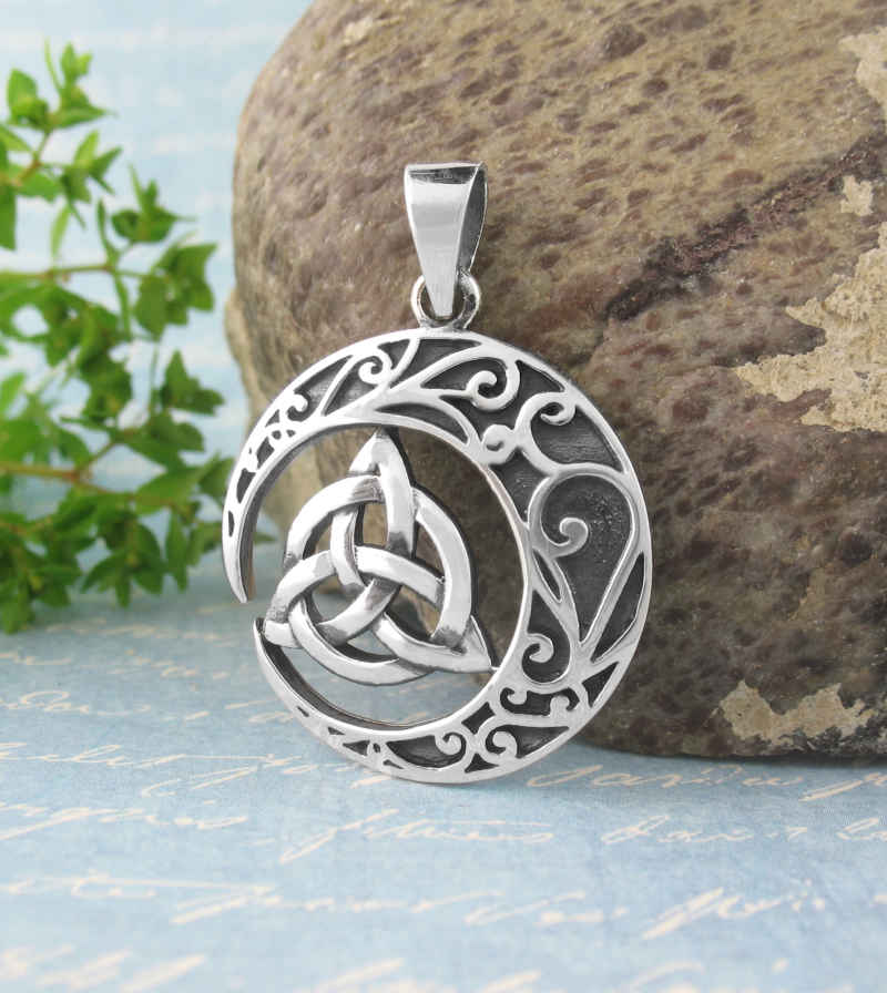Crescent Moon With Scrolls Holding Triquetra Pendant | woot & hammy