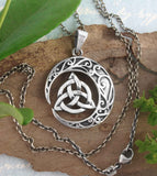 Crescent Moon With Scrolls Holding Triquetra Pendant | woot & hammy
