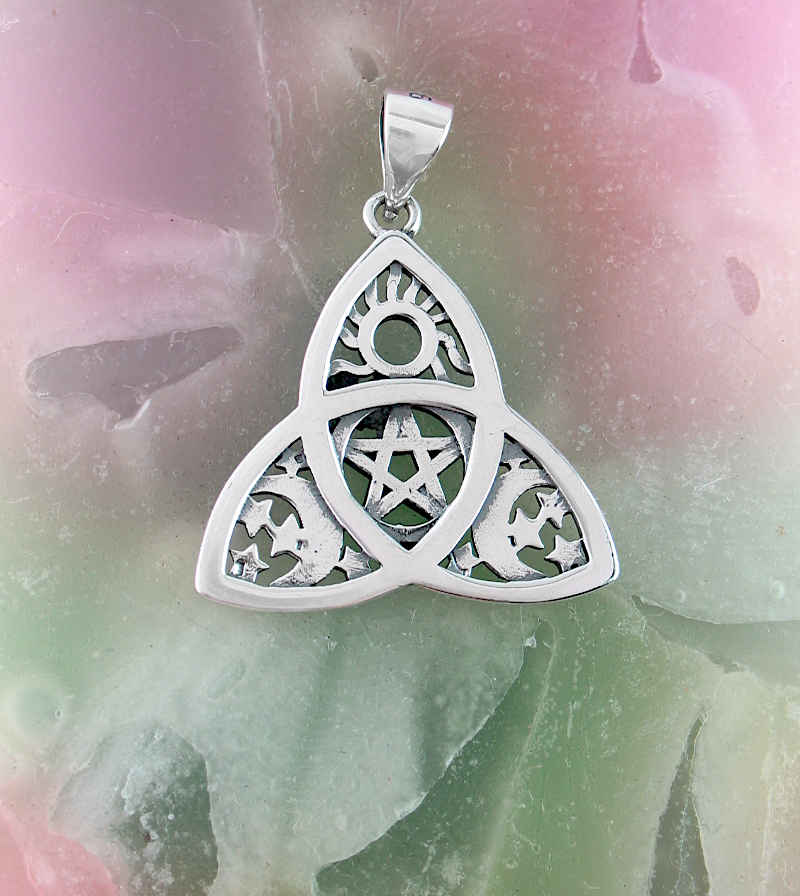 Celestial Triquetra With Pentacle, Sun, Crescent Moons & Stars Pendant | woot & hammy