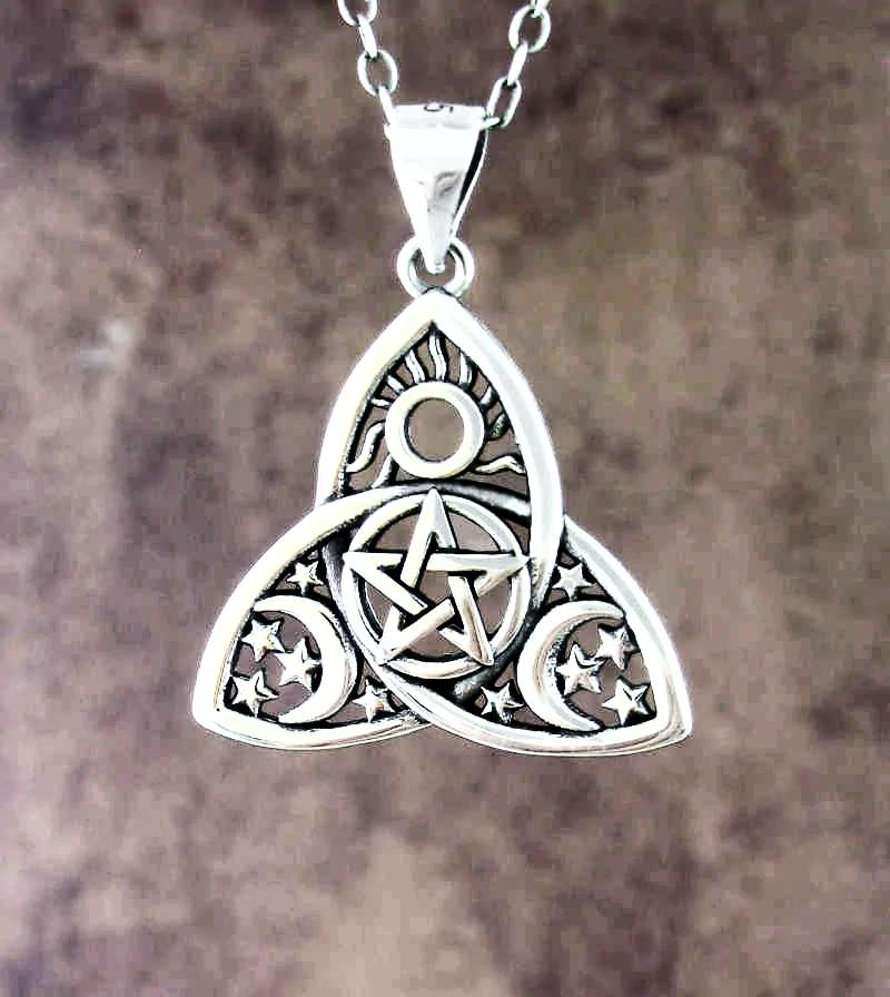 Celestial Triquetra With Pentacle, Sun, Crescent Moons & Stars Pendant