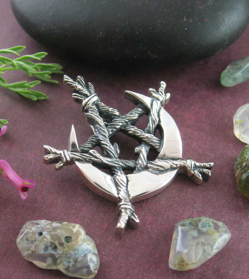 Crescent Moon Twigs Branches Pentagram Pentacle Pendant Necklace Vine Wiccan Wicca Pagan Witchcraft Witch Mystical Occult  laying flat