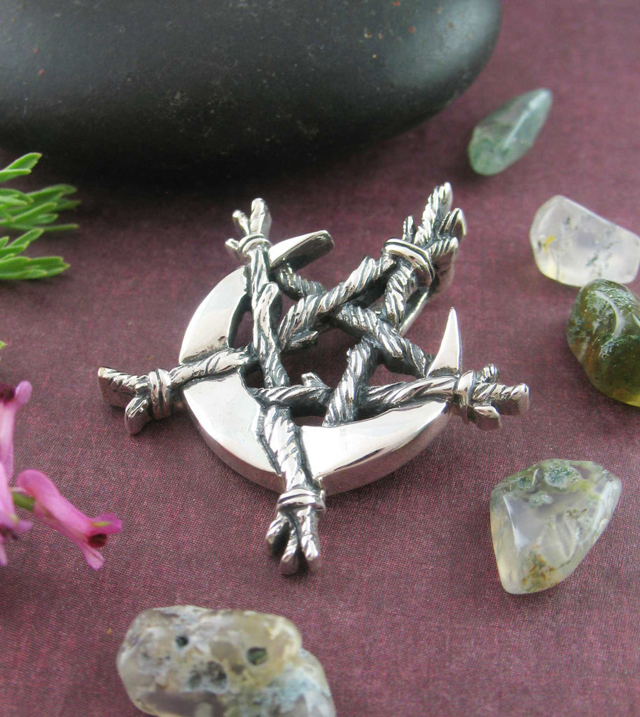 Crescent Moon Twigs Branches Pentagram Pentacle Pendant Necklace Vine Wiccan Wicca Pagan Witchcraft Witch Mystical Occult laying flat