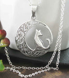 Cat Silhouetted Against a Fanciful Swirl Crescent Moon Pendant