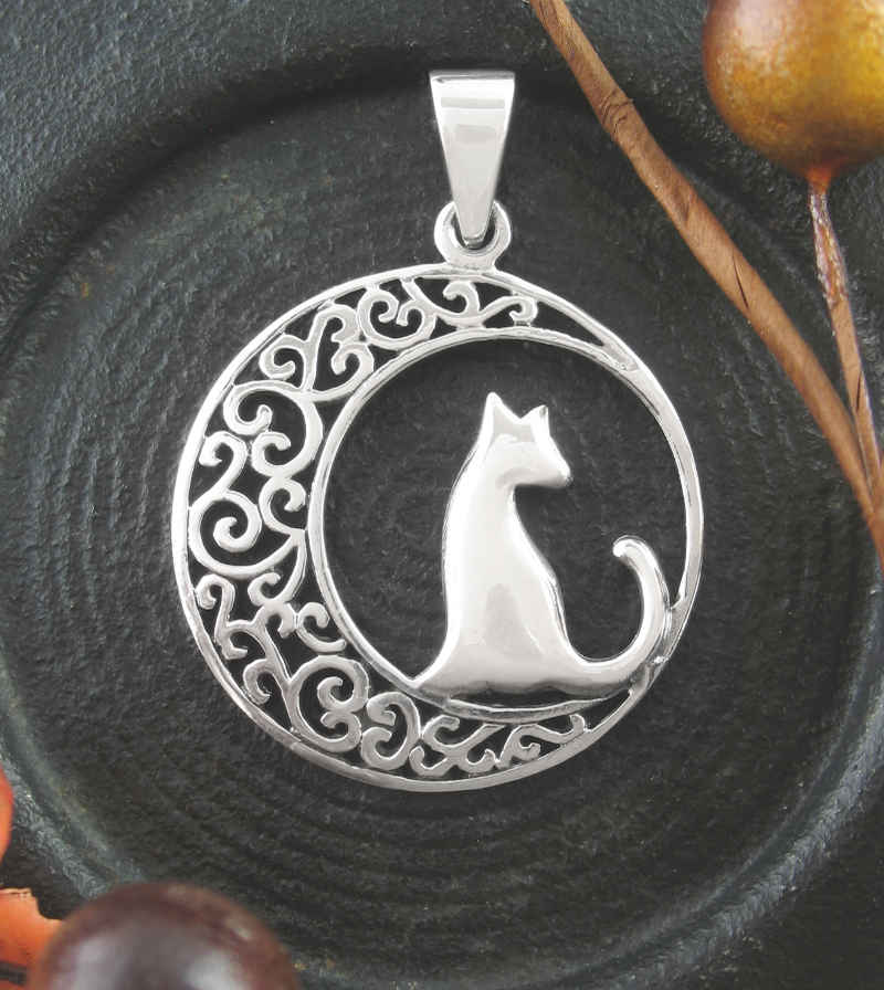 Cat Silhouetted Against a Fanciful Swirl Crescent Moon Pendant