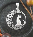 Cat Silhouetted Against a Fanciful Crescent Moon Pendant