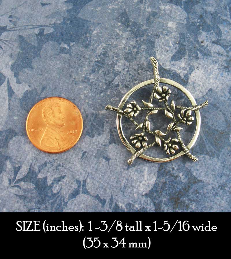 Five Flowers Hidden Pentacle Pentagram Pendant Necklace Antiqued Floral Vine Blossoms Blooms Branch Twig Wiccan Wicca Pagan Witchcraft  size comparison