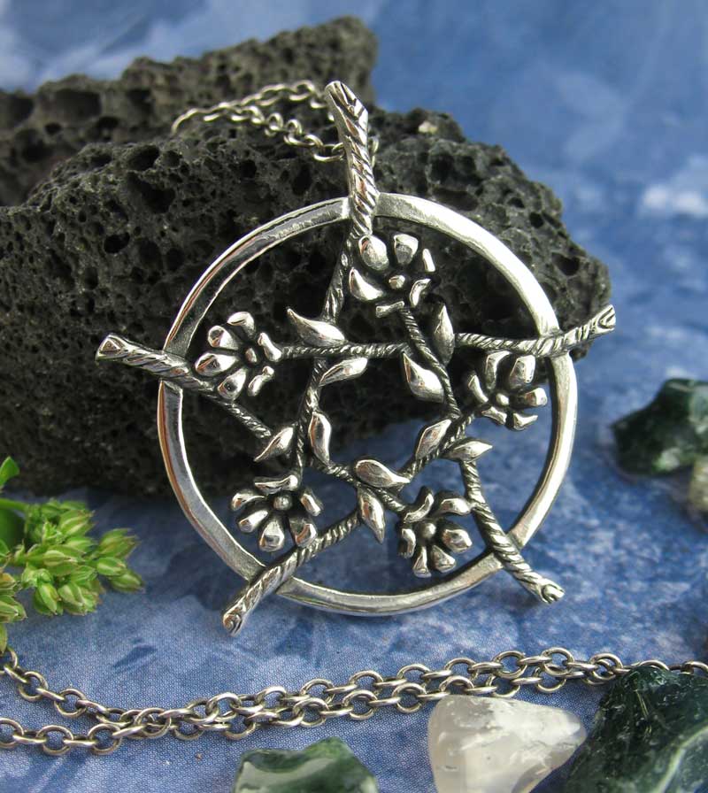 Five Flowers Hidden Pentacle Pentagram Pendant Necklace Antiqued Floral Vine Blossoms Blooms Branch Twig Wiccan Wicca Pagan Witchcraft  on chain