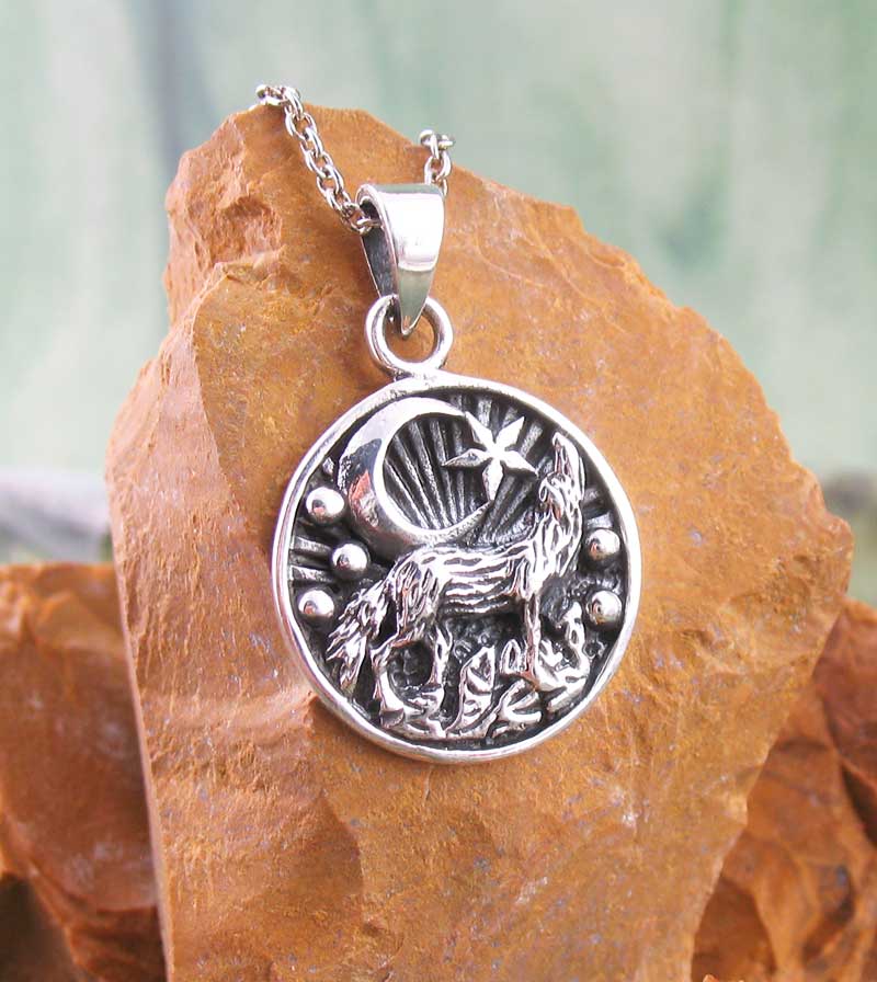 Desert Wolf Howling at the Moon Small Medallion Necklace Sterling Silver